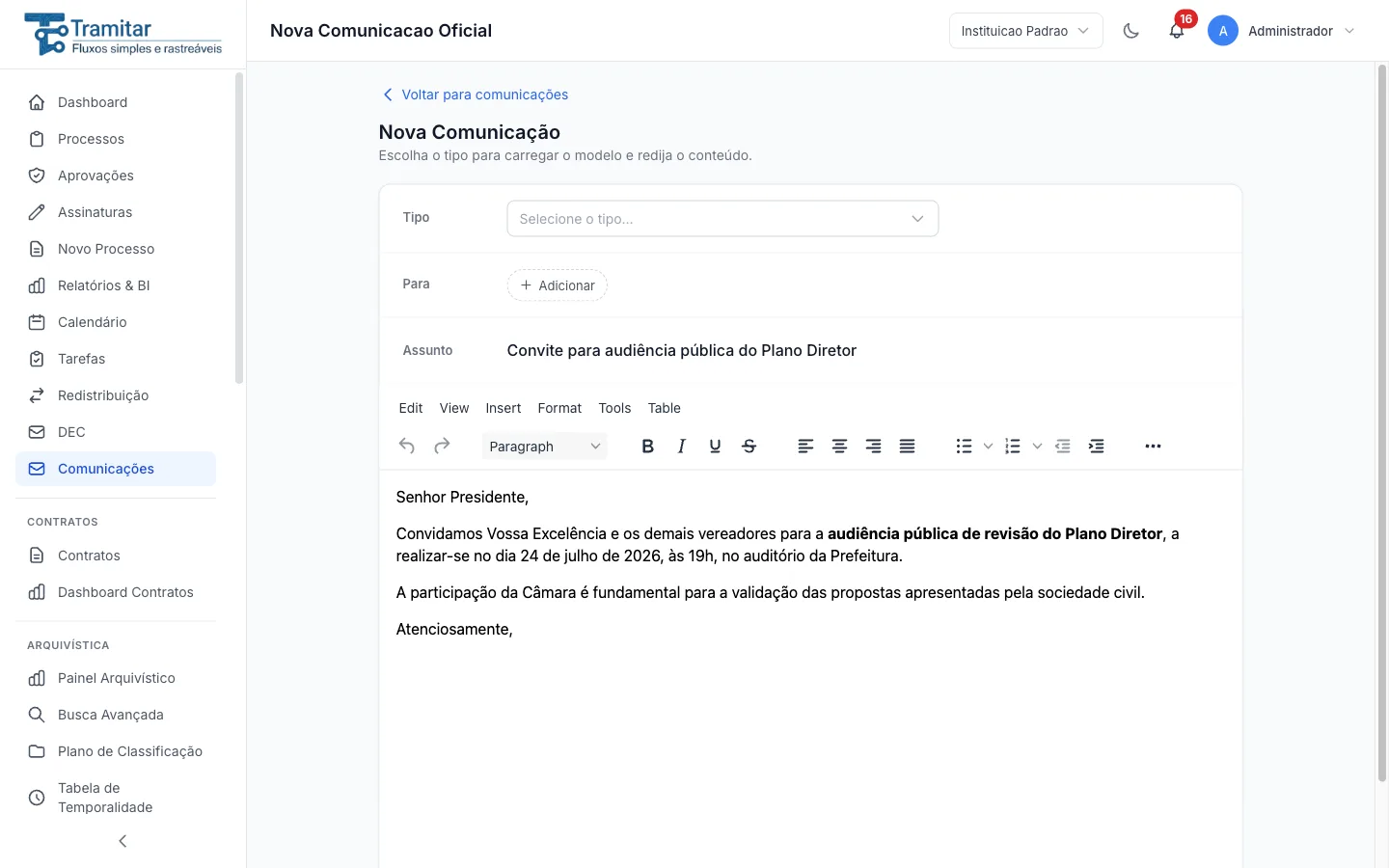 Ofício sendo redigido — nova comunicação oficial