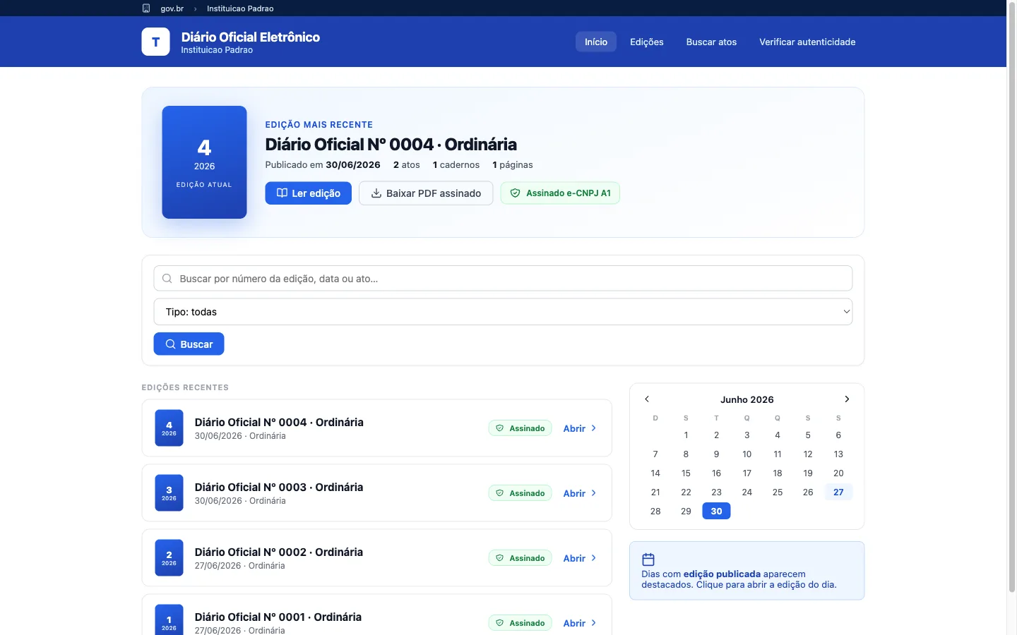 Portal público do Diário Oficial